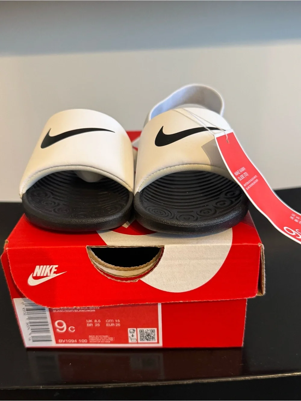 Nike White and Black Youth Slide Sandals